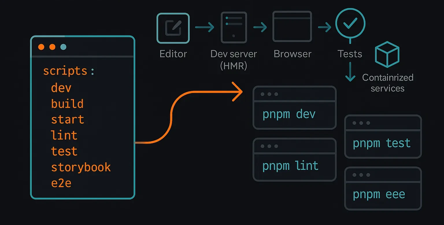 Overview of unified scripts in package.json with terminal examples