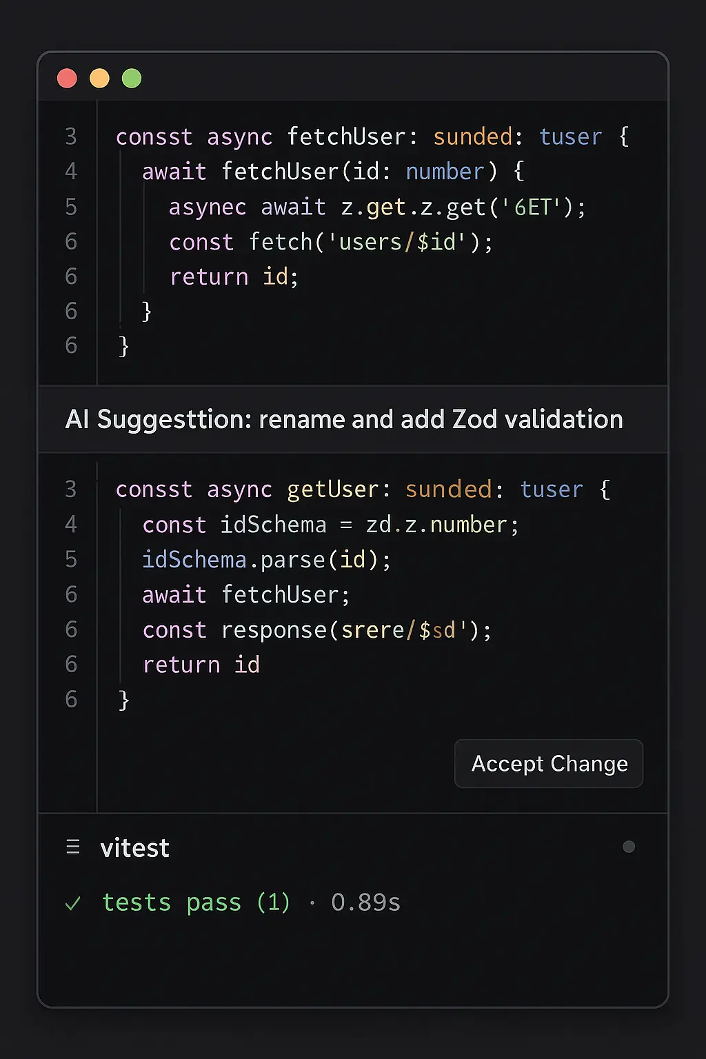 Screenshot of an AI tool proposing a typed code refactor with test updates